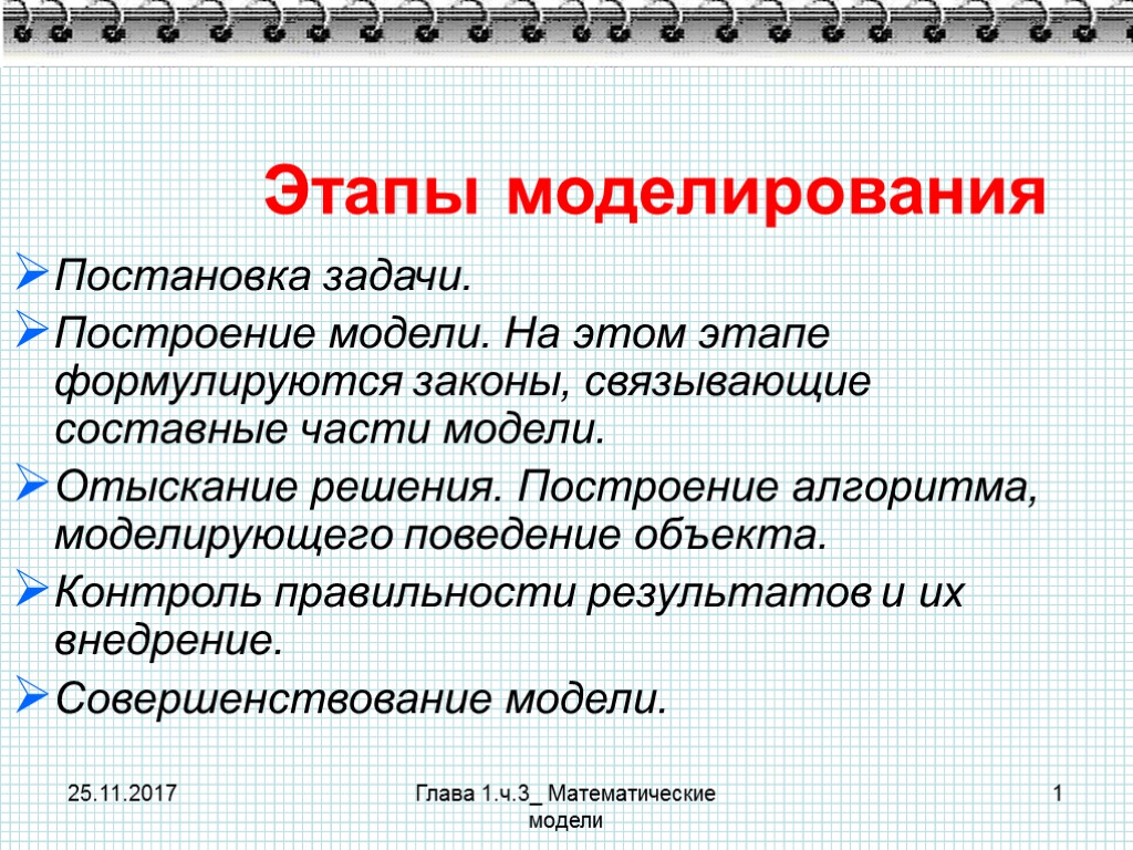 25.11.2017 Глава 1.ч.3_ Математические модели 1 Этапы моделирования Постановка задачи. Построение модели. На этом